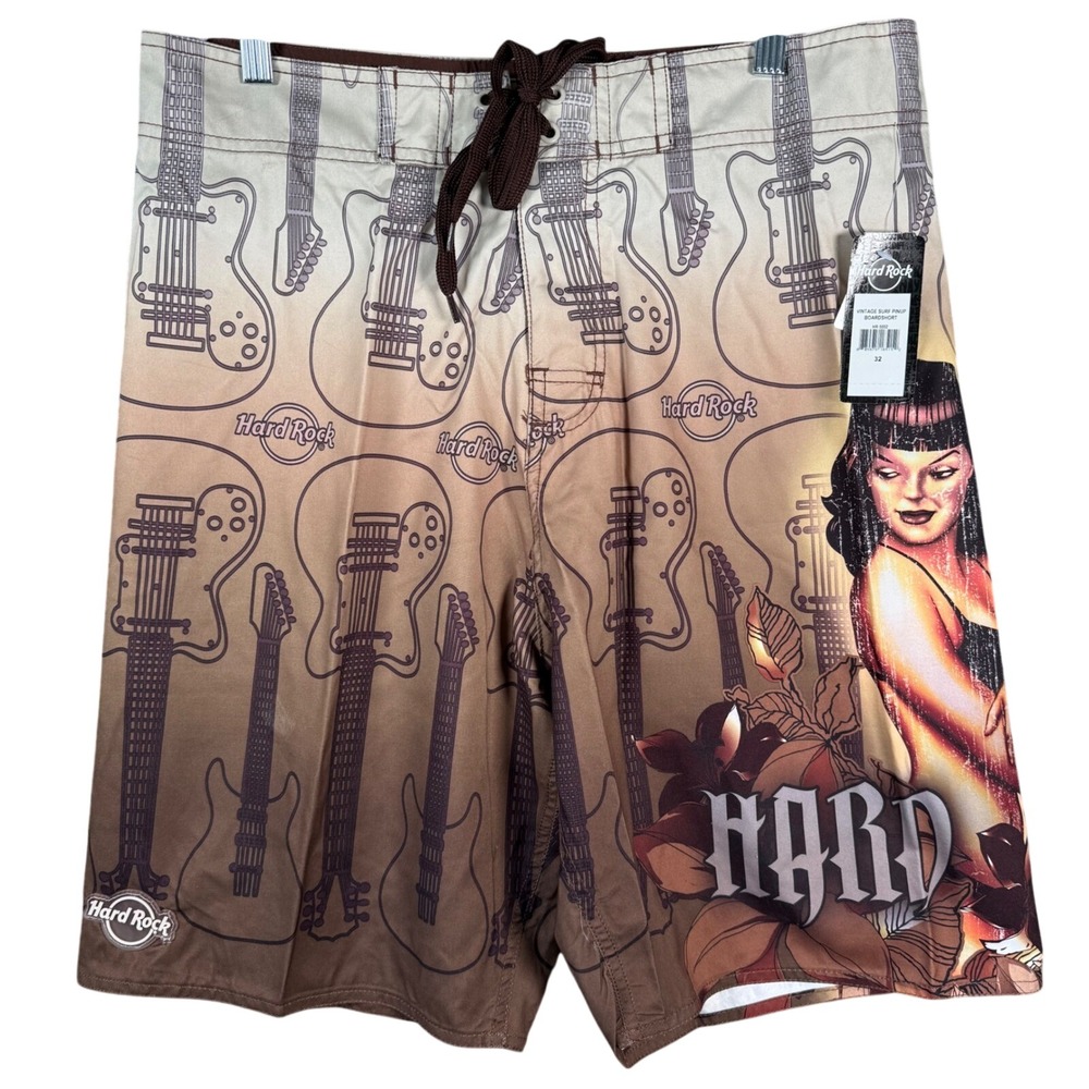 Hard Rock Boardshorts Vintage Surf Pinup Mens 32 Brown Guitar Graphic Swim Trunk